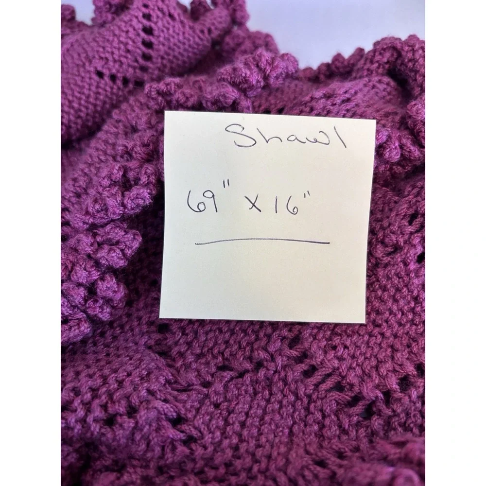 Hand Crocheted Plum Wrap Shawl 69 x 16 Ruffled Edges Knit Spring Shawl Plus Size